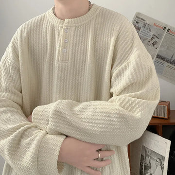Riolio Long Sleeved T-shirt Men White Casual Round Neck T Shirt Men Streetwear Korean Loose Pleated T Shirt Mens Top Large Size 4XL